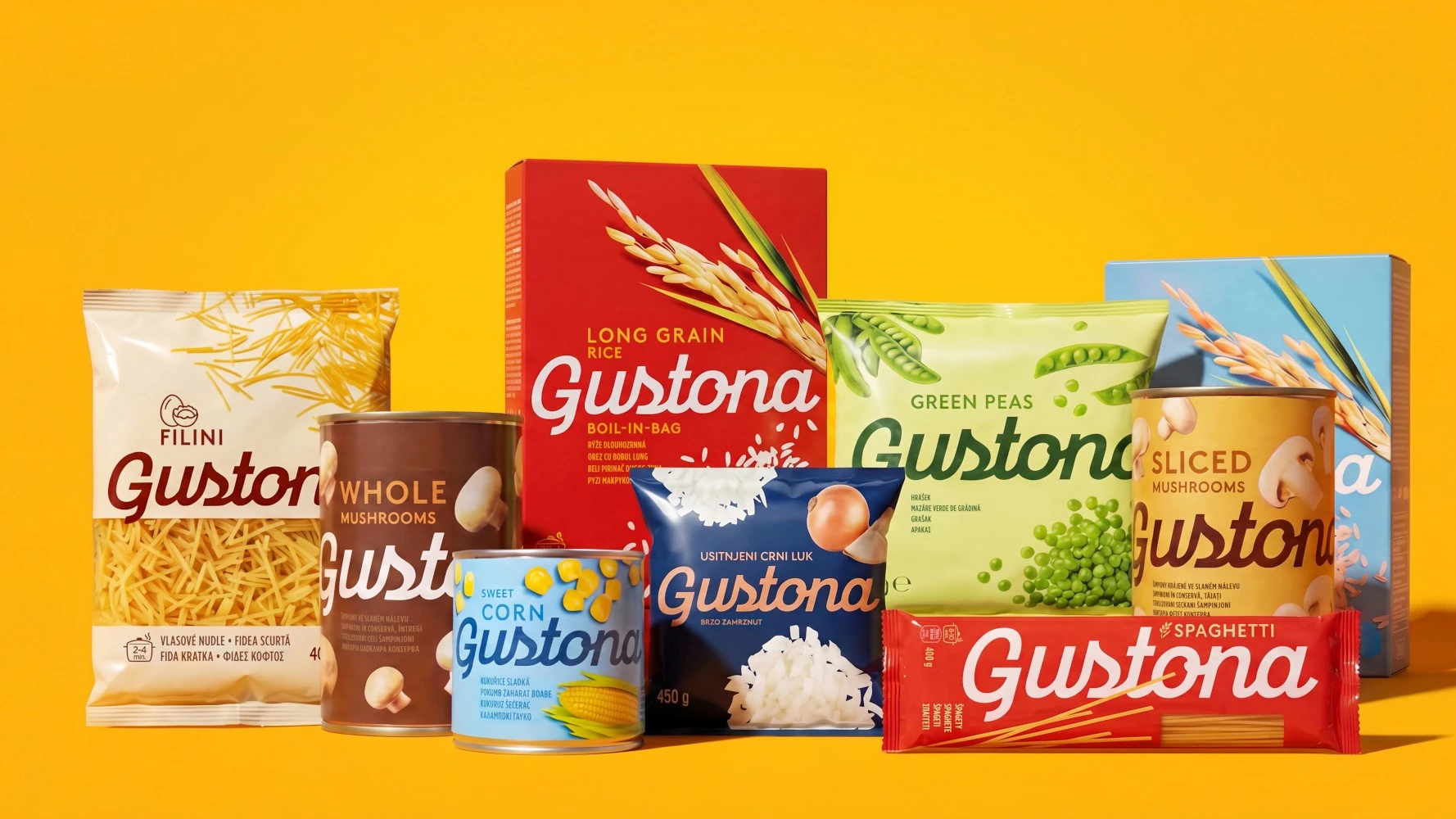 Obaly privátnej značky Gustona pre rôzne produktové kategórie